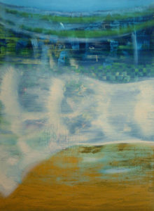 Abstact painting bleu, a pink hurricane and oker.