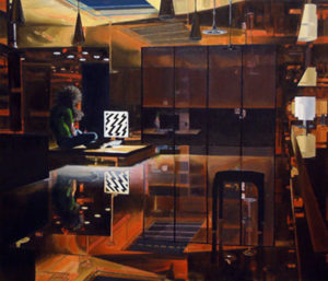 Painting of a golden living room with a man in it looking at a screen in failure.