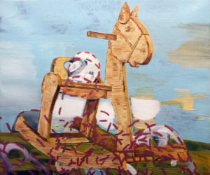 Painting of a rocking horse with a skule falling.