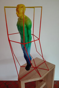Close up a the sculpture Mind Caging, a person forms with toughts a cage arond hemself.