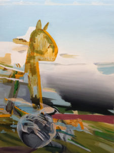 Abstract painting of a rocking horse and a skule.