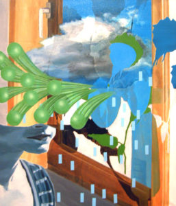 Painting of a window with a clouth, flowers rain and green spheres.