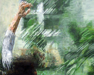 Painting of a videostill a man falls in the garden.