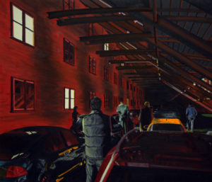 Painting from the view of a car driver waiting in an indoor traffic jam.
