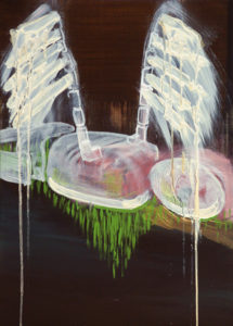 Painting of a white skeleton body with wings on grass and a black background.