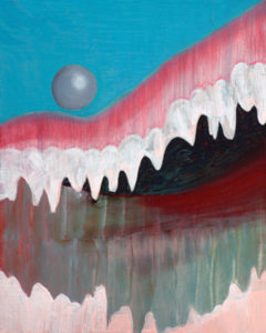 Painting of a piercing ball above a giant mouth.