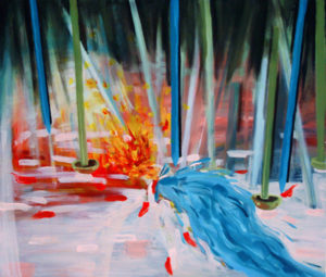 Abstract painting with sharp and blunt needles, a fire and a flow of water.