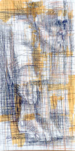 Striped drawing of a hunchback with yellow paint strokes.
