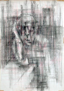 Striped drawing of a bored man at a table.