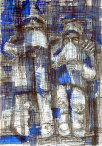 Drawing of glue sniffers with blue paint strokes.