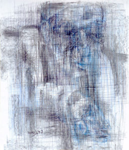 Drawing of a beggar in charcoal and bleu pencil.