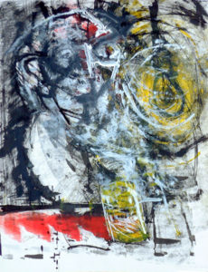 Expressionist drawing of a man in a dark bar.