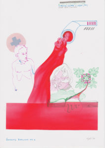 Drawing of a sewer with bloody liquid, al holy man and a woman.