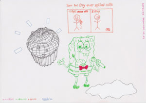 Drawing Sponge Bob, cupcake and milk.