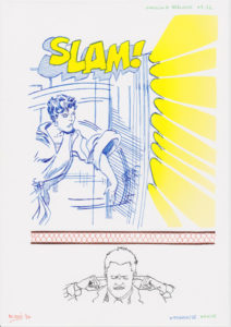 Drawing man with fingers in his ears and a woman slams the door.