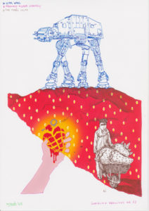 Drawing with starwars robot, a handgranate and strawberry.