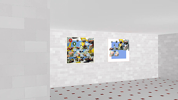 A painting and a videoscreen in a virtual exhibition room.