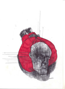 Striped man drawing with red cloths.