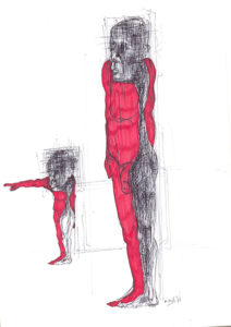 Drawing of striped man and child with red body's.