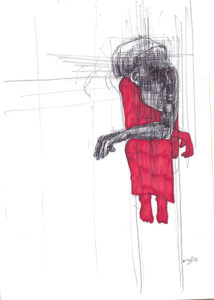 Striped person on a pedestal and red clothes.