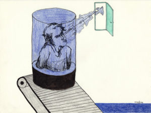 Drawing of a person on a conveyor belt hoping for an exit.