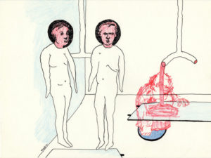 Drawing with two hanging figures and one person taken blood.