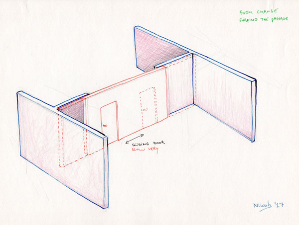Concept drawing art installation of a sliding door in a room.