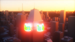 A skyscraper with The News on, highlighted when the sun goes down.