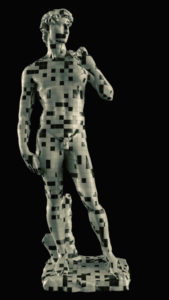 Michelangelo's David with black and white tiles.
