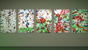 Five paintings with with and green with blue, yellow, black and red spots