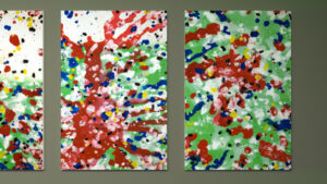 Abstract paintings green, red, yellow and blue inspired by Mondrian.